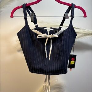 (#02) Navy Pinstripe Tie-Front Crop Top